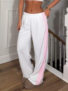 Ronhire Women's White Striped Knitted Sweatpants Extra Long Straight Leg Pink Side Stripe Loose Fit Casual Track Pants For Everyday Wear White Beach Pants White Wide Leg Pants Women Wide Pants Wide Leg Summer Pants Palazzo Pants Women White Track Pants Women - White - View 3