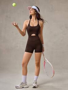 OutZeal Women Sports Black Jumpsuits Gym Workout Wear Summer Sweat Wicking Bra-In Cut-Out Back Knotted Romper - Brown - View 8