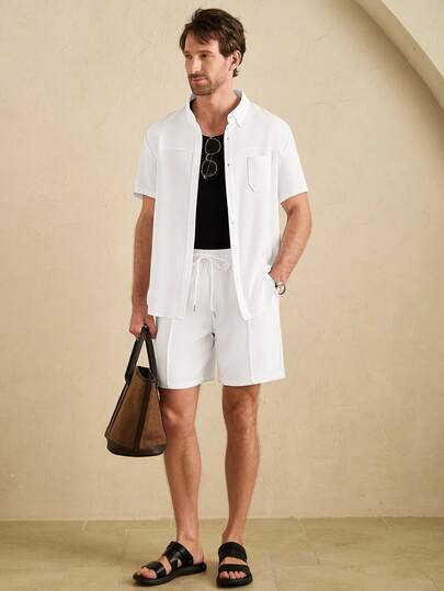 Core Aspect Men White Textured 2 Piece Outfit Cuban Collar Shirt & Drawstring Shorts Tracksuit,Old Money Minimalist Summer Beach Vacation Holiday Casual Look Set