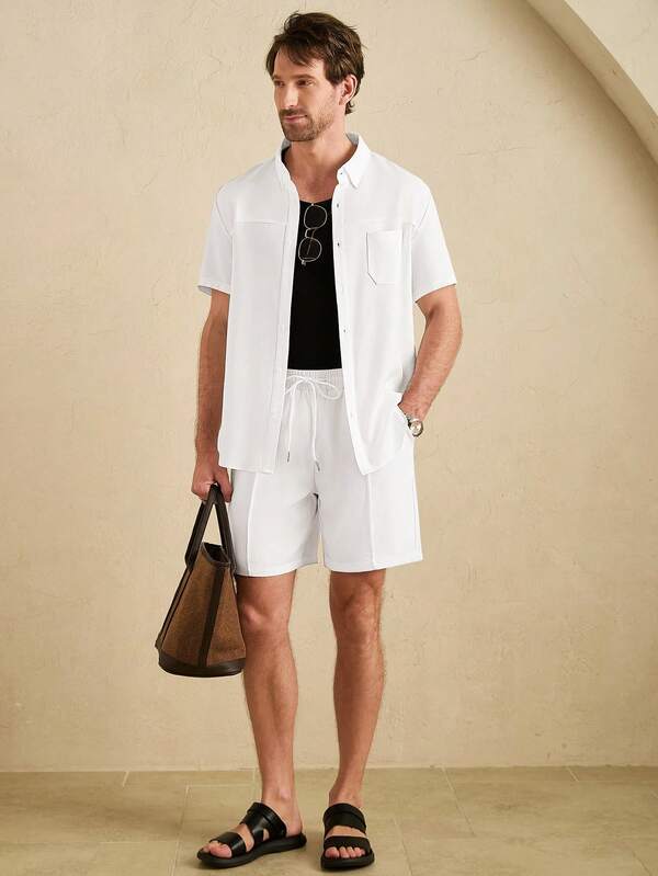 Core Aspect Men White Textured 2 Piece Outfit Cuban Collar Shirt & Drawstring Shorts Tracksuit, Old Money Minimalist Summer Beach Vacation Look/White Two Piece Set, Cuban Collar Shirt, Textured Fabric, Old Money Style, Summer Beach Outfit,