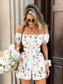 Pariaura INS 法式弹力腰带印花露肩短袖连体裤（女款） - 杏色 - 查看 2