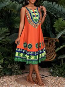 SHEIN Lady Petite Lady Petite Women's Floral Print Sleeveless Casual Midi Dress,Orange Summer Boho Tropical Vacation Holiday Beach Outfits Elegant Spring Summer Clothes - Multicolor - View 3