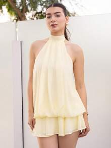 Andrea Bello Elegantes hellgelbes Neckholder-Mini-Kleid für Damen, geeignet für Party, Date, Herbst/Winter, Frühling/Sommer, gelbes sexy Sommerkleid, fließendes kurzes Kleid mit offenem Rücken, Sommerkleid, Geburtstagskleid, Kleider für Damen, elegant, Neujahrskleid, elegante Partykleider, für große Frauen - Hellgelb - Übersicht 3