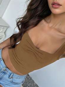 Rina Fox Women's Casual Solid Color Fitted Tank Top, Summer - Brown - View 3