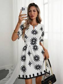 Breezaya Women's Elegant Summer Retro Floral Print Short Dress,Black And White Boho Petal Sleeve A-Line Waist Cinched V Neck Holiday Tea Party French Outfits - Black and White - View 5