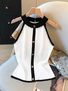 GlowEve Contrast Color Beaded Decor Sleeveless Knit Top With Metal Clasp - Black and White - View 1