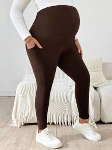 Plussiva 孕妇加大码弹力纯色可调节腰带手机口袋裤 - 棕色 - 查看 4