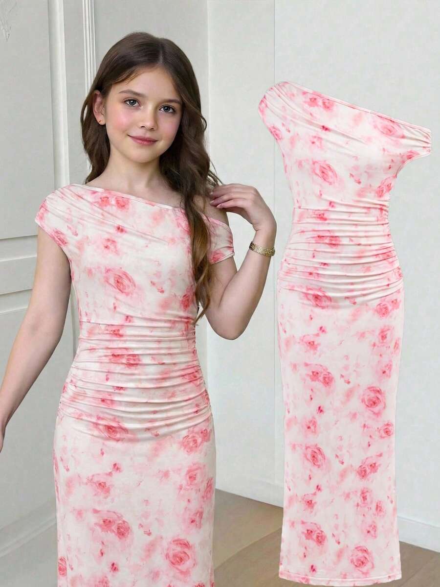 SHEIN Tween Girl Casual Elegant Asymmetric Neck Ruched Waist Bodycon Maxi Knit Dress, Suitable For Halloween Party, Back To School Outfit, Gatherings, Wine Red - Pink - View 1