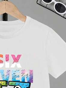 男童休闲舒适时尚简约创意彩色“67”数字字母图案基础款短袖T恤，适合外出、运动、聚会等场合。 - 白色 - 查看 5