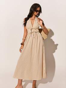 Poéselle 女士条纹印花扭结露背吊带休闲连衣裙 - 黃色 - 查看 8