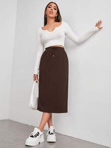 SHEIN EZwear Casual Midi Skirt For Women Brown Plain Straight Fabric With Pockets Drawstring Closure Casual Skirt Brown Skirt Skirt Midi Elastic Waist Skirt - Brown - View 5