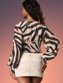 MISSGUIDED 系带前开襟扎染条纹长袖褶皱腰身衬衫秋季休闲波西米亚风露脐上衣 - 彩色 - 查看 3