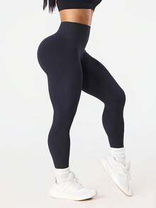 Seamluxe SHEIN Sport Quần legging thể thao nữ màu trơn, cạp cao, kiểu dáng thường ngày, đa năng. - màu đen - Xem 6