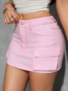 SHEIN PETITE Women's Pocket Button Casual Denim Mini Skirt, Versatile For Daily Wear - Baby Pink - View 3