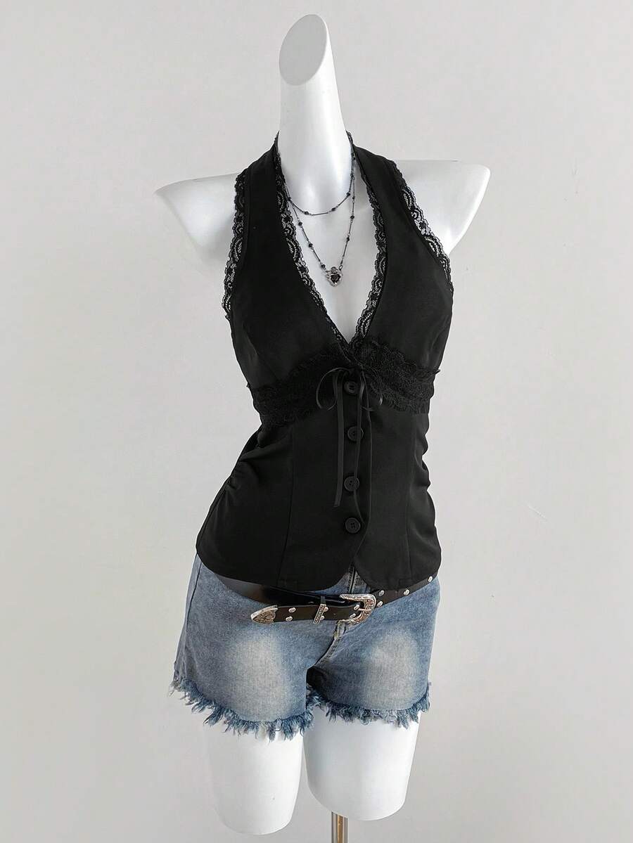 Elamini Áo vest ngắn không tay cổ chữ V phối ren, thắt nơ eo, phong cách Pháp thanh lịch, lãng mạn, cổ điển, gợi cảm, thích hợp cho công sở, đi làm, hẹn hò, mua sắm, dự tiệc, thích hợp cho mùa xuân/hè. - màu đen - Xem 1