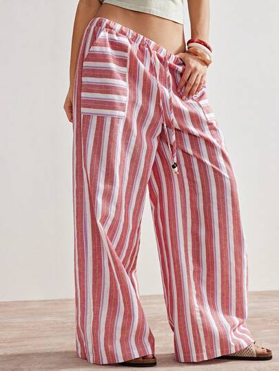 Bohemela Pantalones casuales y sueltos de mujer con rayas tejidas