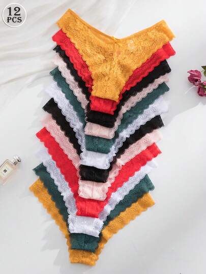 12pcs/Pack Women's Lace Trim Comfortable Underwear