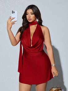 Viva Relle Plus Size Women's Sexy Deep Draped Neck Backless A-Line Mini Dress With Sash, Shiny Stretchy Fabric, Summer Party Dress,Red Plus Size Knitted Halter Mini Dress Fitted With Draped Details And Sleeveless Style,Plus Size Red Halter Draped Mini Dress Sexy Sleeveless Fitted Knitted Fabric Party Dress,Red Plus Size Knitted Halter Mini Dress Fitted With Draped Details And Sleeveless Style - Red - View 2