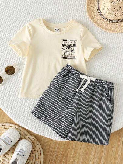 SHEIN 2件套男/女婴可爱夏季休闲度假棕榈树印花杏色短袖T恤和蓝色条纹松紧腰短裤套装，春夏装