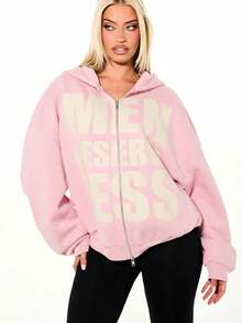 SUMWON WOMEN Áo hoodie nữ dáng rộng, khóa kéo toàn thân, in hình lớn phía trước, tay dài, thích hợp cho mùa thu đông. - Màu Hồng baby - Xem 6