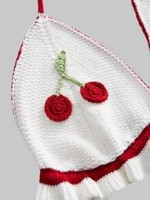 ROMWE Kawaii 可爱度假风露背钩针樱桃层叠蛋糕迷你裙针织两件套 - 紅色 - 查看 3