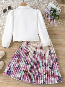 Tween Girls Ruffle Collar Bow Tie Shirt & Pleated Skirt 2pcs Set - Multicolor - View 2