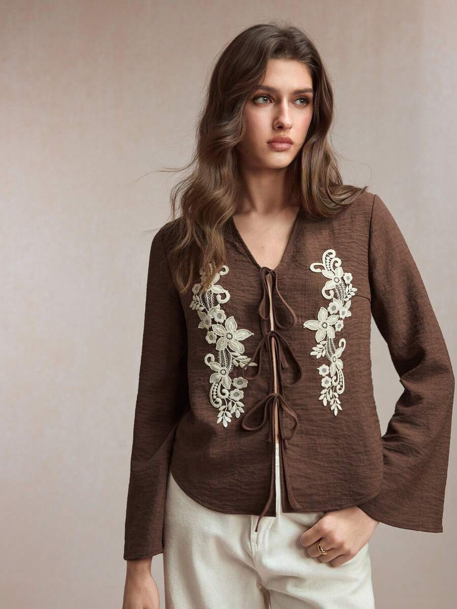 BizChic New Spring/Summer V-Neck Front-Open Tie-Waist Bow Lace Trim Flared Cuff Coffee Shirt, Versatile For Office, Commute, Business, Social Occasions, Y2K Style - Coffee Brown - View 1