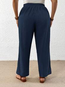 SHEIN LUNE CURVE Quần ống rộng xếp ly màu trơn có túi dành cho nữ cỡ lớn, kiểu dáng thường ngày, đa năng, thích hợp mặc hàng ngày. - Màu xanh hải quân - Xem 2