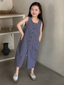 DAZY Young Girl Summer Casual Plaid Front Button Sleeveless Jumpsuit - Navy Blue - View 4