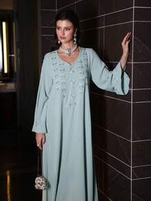 Al Najma Elegant Cutout Neck Embroidered Lantern Sleeve Loose Kaftan Dress, Vacation Style - Mint Green - View 5
