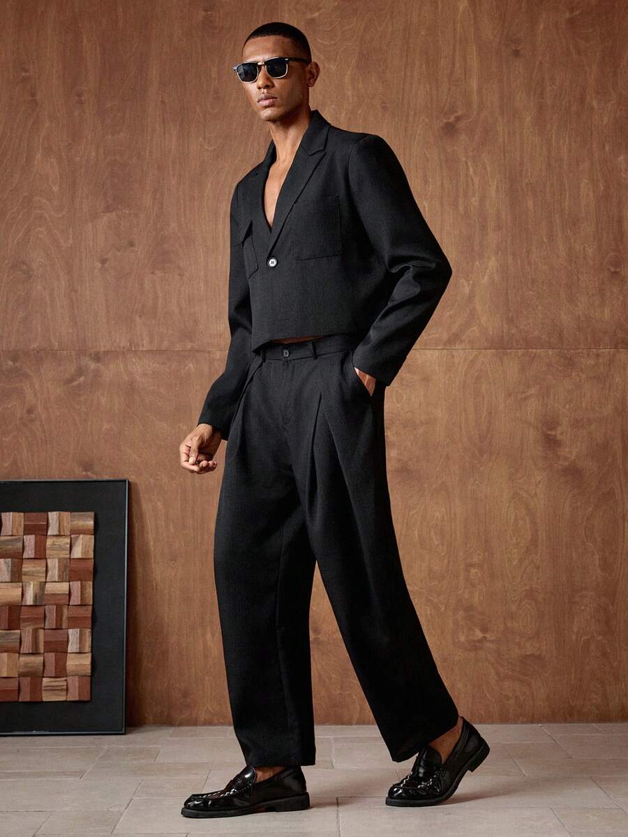Business Casual Bộ vest nam đơn giản, màu trơn, cổ ve lật, túi nắp, gồm áo khoác ngắn và quần tây xếp ly, thích hợp cho việc đi làm hàng ngày. - màu đen - Xem 1
