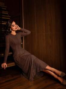 Modelyn Apricot Women's Lace Design Flared Elegant Dress, Suitable For Going Out, Dates, Parties, Mid-Length - Coffee - View 4