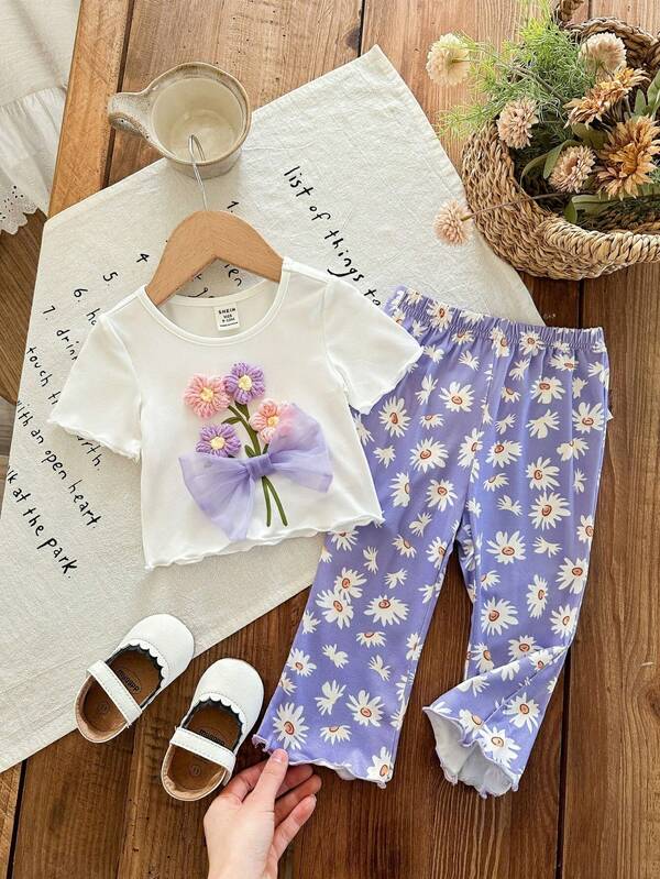 SHEIN Babygirl Cute Summer Purple Floral Knit Flare Pants And Short Sleeve Top Set