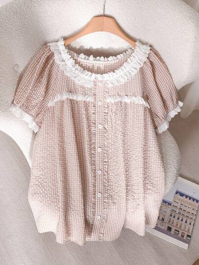 CosyJoli 大码女式格纹荷叶边短袖休闲衬衫