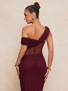 Lumalex 女士优雅纯色蕾丝拼接不对称领修身连衣裙 - 酒紅色 - 查看 8