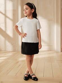 SHEIN Young Girls White Textured Round Neck Short Sleeve T-Shirt Everyday Casual Fitted Semi-Sheer Polyester Regular Length - White - View 2