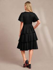 Vestido de mujer de unicolor con cuello redondo, dobladillo con volantes y capas - Negro - Ver 10