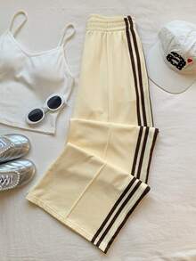 Comfortcana Quần nỉ ống rộng kẻ sọc phối màu phong cách thường ngày dành cho nữ, thích hợp cho mùa hè, xuân, thu, màu kem vàng. - Vàng nhạt - Xem 4