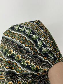 Brillora 女士度假几何复古印花褶皱高开衩连衣裙 - 綠色 - 查看 7