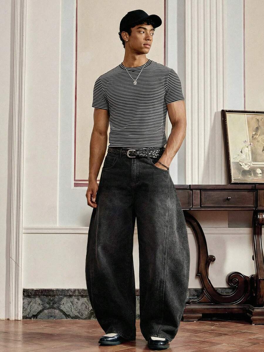 SWAVVY Men's Solid Color Slant Pocket Casual Loose Wide-Leg Jeans - Black - View 1