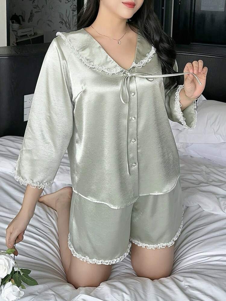 Dazy Plus Plus Size Women Single-Breasted Knotted Design Long Sleeve Top And Shorts Casual Loungewear Set
