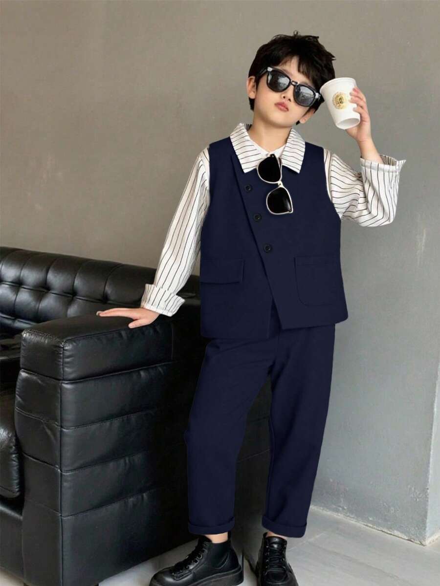 SHEIN 男童休闲两件套:不对称背心+长裤,不含衬衫和配饰,适合生日派对、晚宴、婚礼、洗礼、一周岁生日等场合。 - 寶藍色 - 查看 1