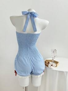 Flirla Bộ áo liền quần cổ yếm buộc dây phía trước, phối ren hoa kẻ caro, trang trí nơ dễ thương. - Màu xanh lam - Xem 5