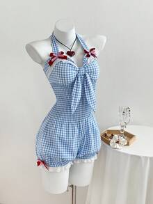Flirla Bộ áo liền quần cổ yếm buộc dây phía trước, phối ren hoa kẻ caro, trang trí nơ dễ thương. - Màu xanh lam - Xem 4