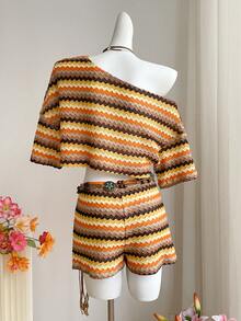 SHEIN EZwear 2件套女士不对称领锯齿条纹针织短袖上衣和短裤休闲套装 - 彩色 - 查看 3