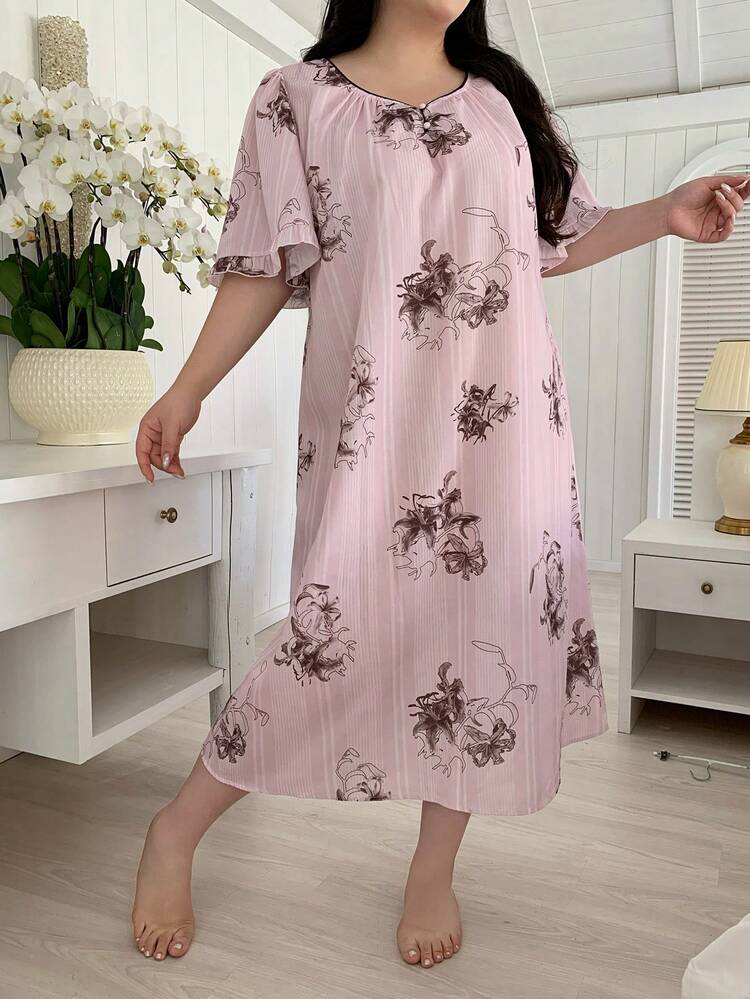 Dazy Plus Plus Size Floral Print V-Neck Elegant Short Sleeve Nightgown