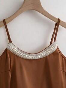 Franclia Women's Plain Brown Cami Top With Spaghetti Straps And Pearl Decorated Neckline For A Casual Look - Brown - View 5