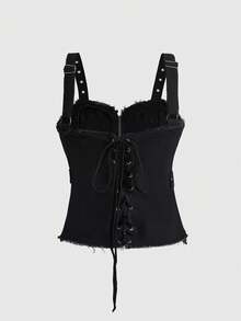ROMWE Áo vest denim bó sát in hình ngôi sao năm cánh kiểu Gothic, đính đinh tán kim loại và khoen cài. - màu đen - Xem 2