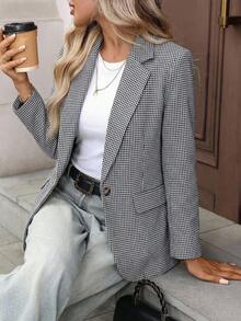 SHEIN LUNE 女士休闲格子长袖西装外套 - 黑色 - 查看 4