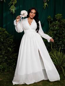 Roveilla Vestido de manga larga con cintura ceñida y falda acampanada, con cuello y ribete floral, talla grande, para boda, fiesta y ocasiones especiales - Blanco - Ver 3